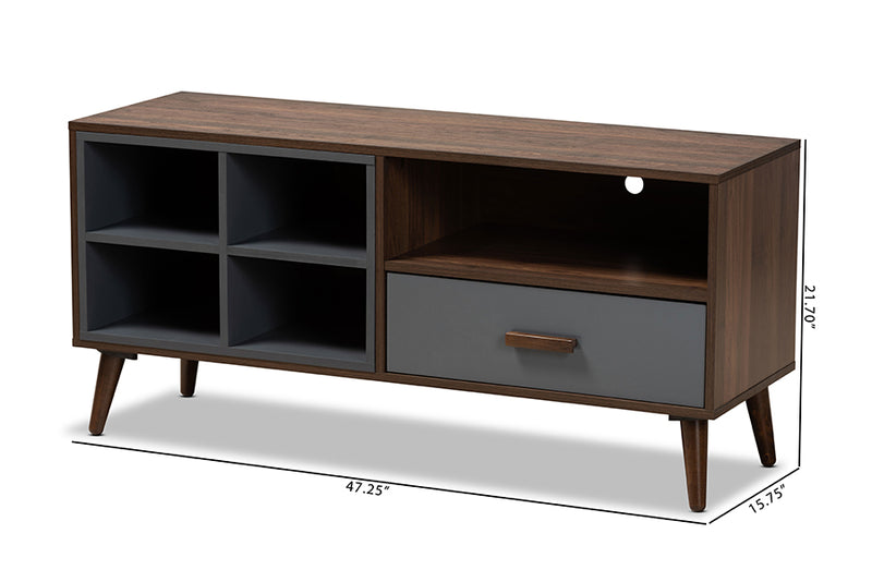 Riko Modern and Contemporary Two-Tone Gray and Walnut Brown Finished Wood 1-Drawer TV Stand