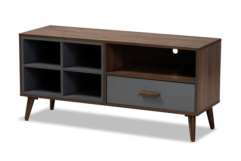 Riko Modern and Contemporary Two-Tone Gray and Walnut Brown Finished Wood 1-Drawer TV Stand