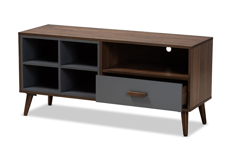 Riko Modern and Contemporary Two-Tone Gray and Walnut Brown Finished Wood 1-Drawer TV Stand