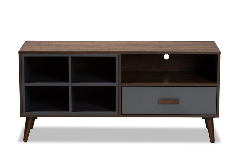 Riko Modern and Contemporary Two-Tone Gray and Walnut Brown Finished Wood 1-Drawer TV Stand