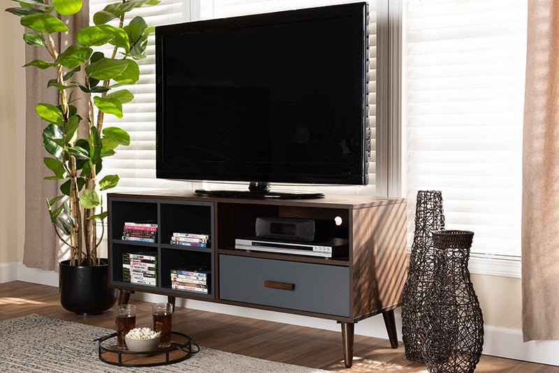 Riko Modern and Contemporary Two-Tone Gray and Walnut Brown Finished Wood 1-Drawer TV Stand