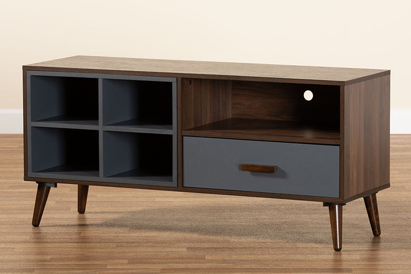 Riko Modern and Contemporary Two-Tone Gray and Walnut Brown Finished Wood 1-Drawer TV Stand