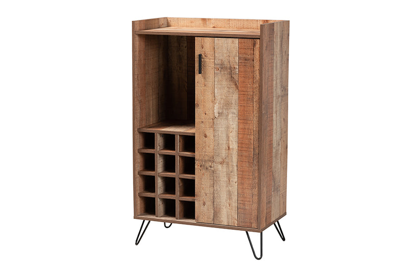 Karina Modern and Contemporary Rustic Brown Finished Wood and Black Metal Wine Storage Cabinet