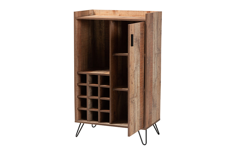 Karina Modern and Contemporary Rustic Brown Finished Wood and Black Metal Wine Storage Cabinet