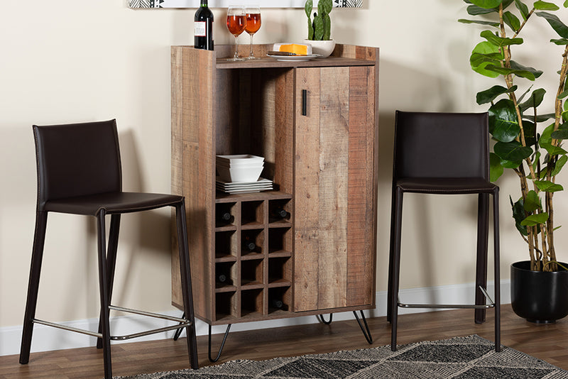 Karina Modern and Contemporary Rustic Brown Finished Wood and Black Metal Wine Storage Cabinet