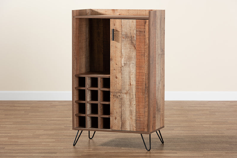 Karina Modern and Contemporary Rustic Brown Finished Wood and Black Metal Wine Storage Cabinet