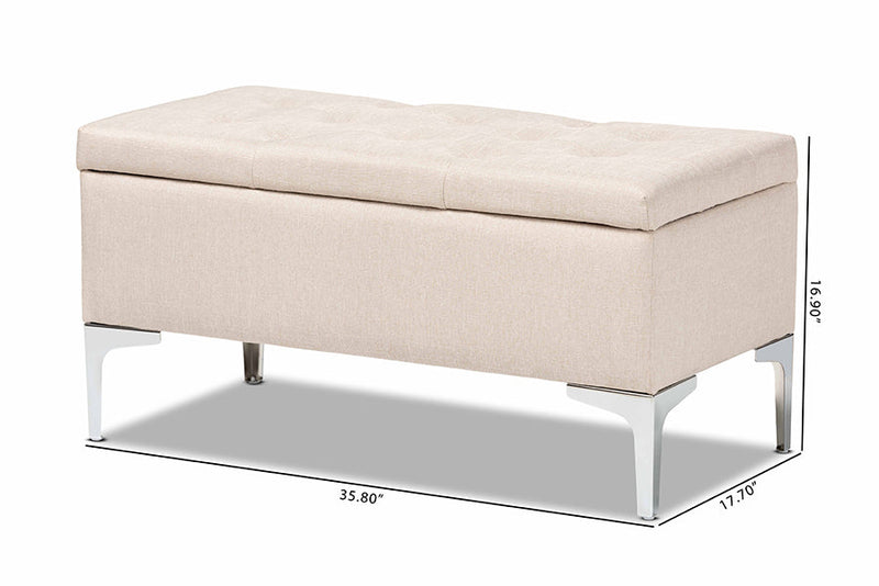 Nicola Beige Fabric Upholstered and Silver Finished Metal Storage Ottoman Baxton