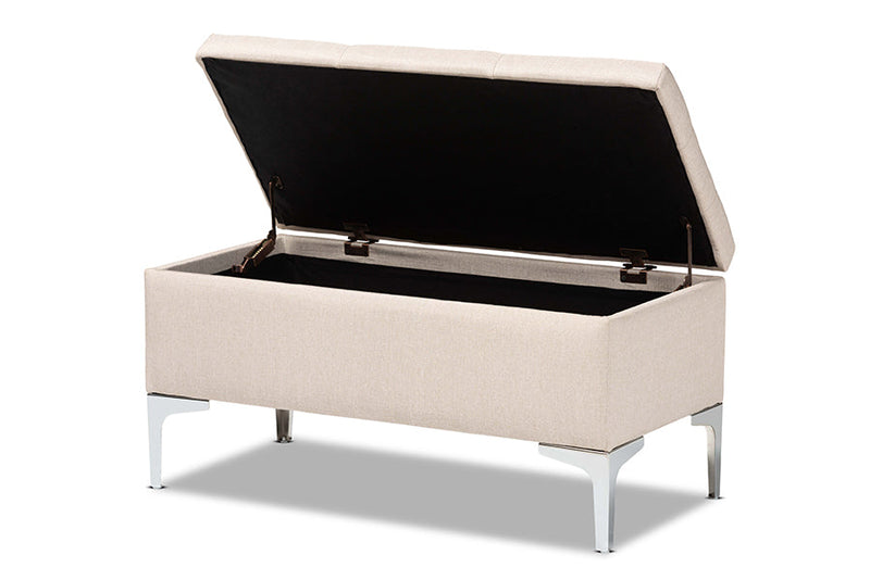 Nicola Beige Fabric Upholstered and Silver Finished Metal Storage Ottoman Baxton