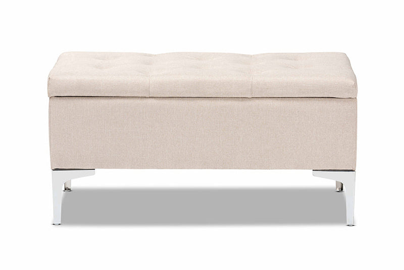 Nicola Beige Fabric Upholstered and Silver Finished Metal Storage Ottoman Baxton