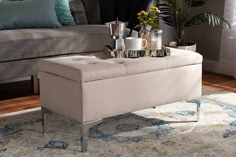 Nicola Beige Fabric Upholstered and Silver Finished Metal Storage Ottoman Baxton