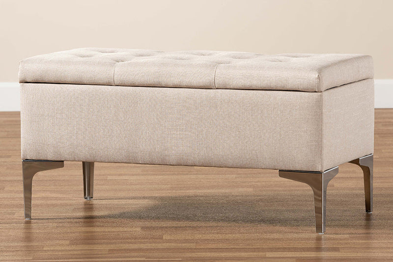 Nicola Beige Fabric Upholstered and Silver Finished Metal Storage Ottoman Baxton