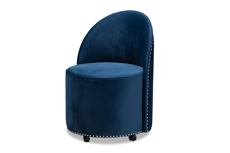 Olinda Navy Blue Velvet Fabric Upholstered Rolling Accent Chair Baxton