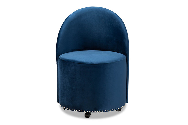 Olinda Navy Blue Velvet Fabric Upholstered Rolling Accent Chair Baxton
