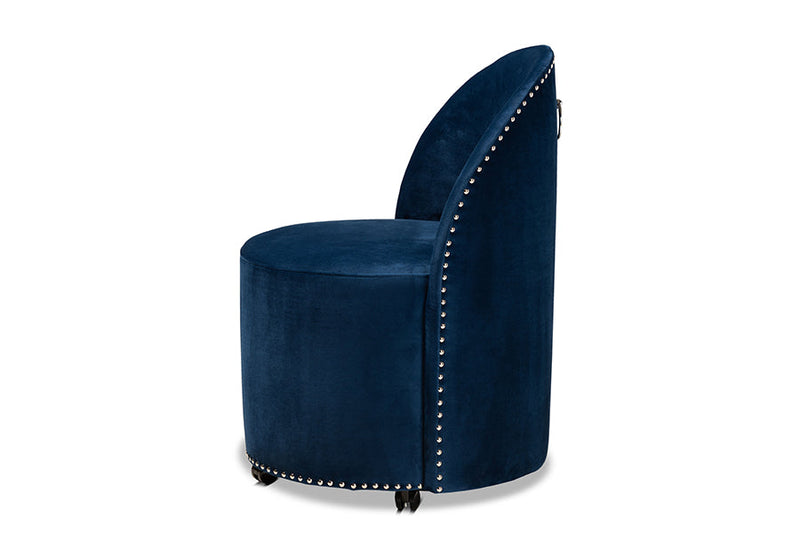 Olinda Navy Blue Velvet Fabric Upholstered Rolling Accent Chair Baxton