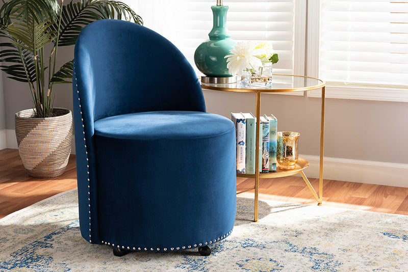 Olinda Navy Blue Velvet Fabric Upholstered Rolling Accent Chair Baxton