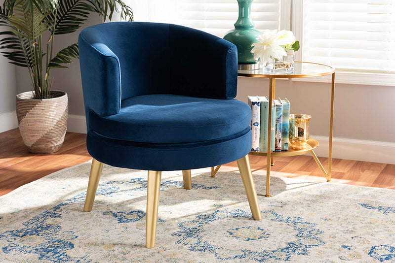 Wheatley Glam and Luxe Navy Blue Velvet Fabric Upholstered and Gold Finished Wood Accent Chair