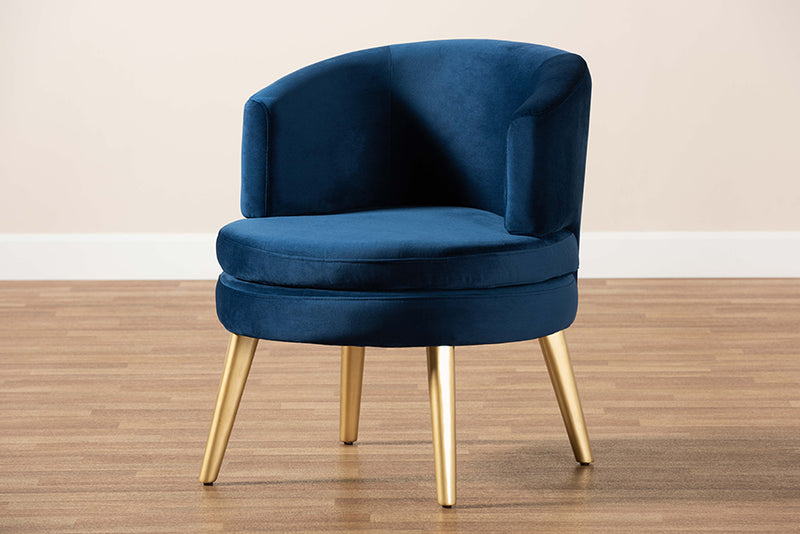 Wheatley Glam and Luxe Navy Blue Velvet Fabric Upholstered and Gold Finished Wood Accent Chair