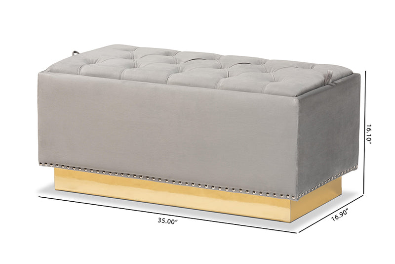 Lennon Glam and Luxe Gray Velvet Fabric Upholstered and Gold PU Leather Storage Ottoman