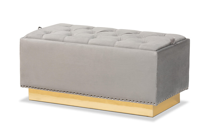 Lennon Glam and Luxe Gray Velvet Fabric Upholstered and Gold PU Leather Storage Ottoman