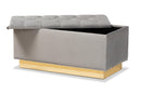 Lennon Gray Velvet Fabric Upholstered and Gold PU Leather Storage Ottoman Baxton