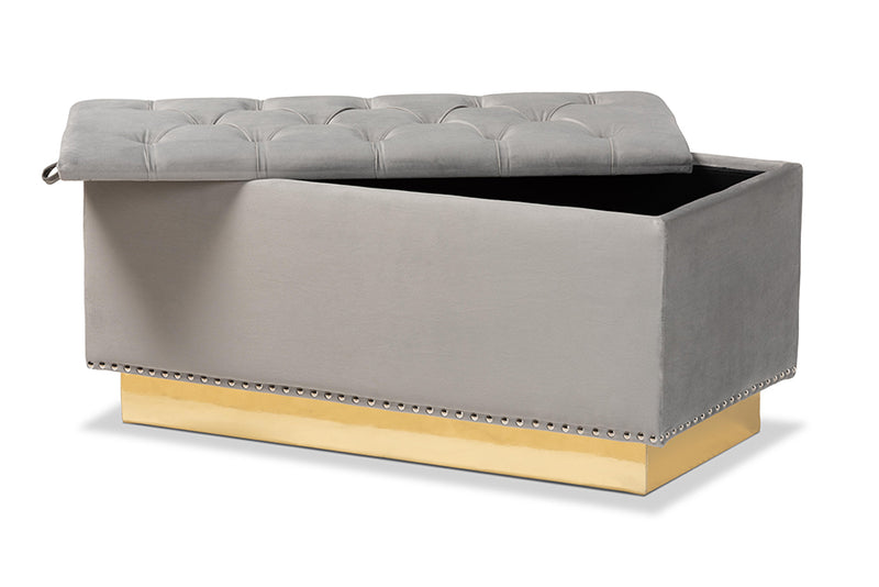 Lennon Glam and Luxe Gray Velvet Fabric Upholstered and Gold PU Leather Storage Ottoman