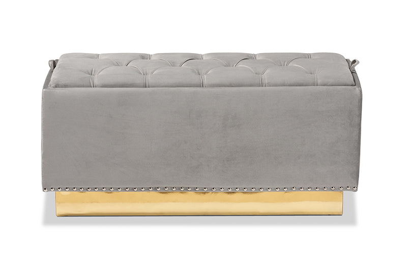 Lennon Glam and Luxe Gray Velvet Fabric Upholstered and Gold PU Leather Storage Ottoman