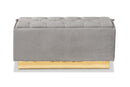 Lennon Gray Velvet Fabric Upholstered and Gold PU Leather Storage Ottoman Baxton