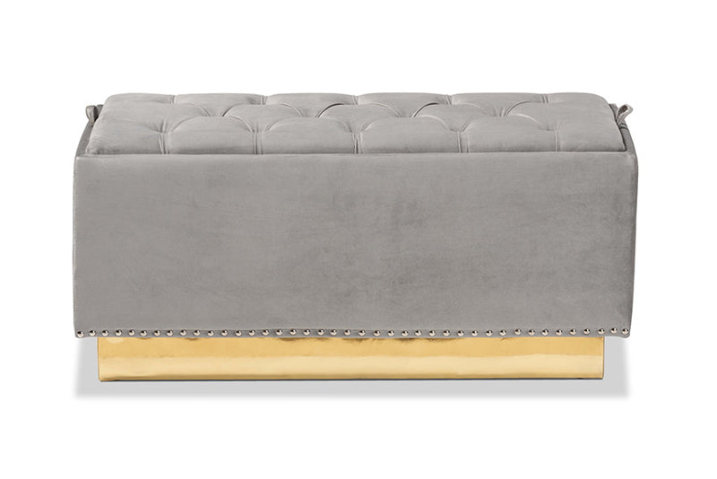 Lennon Gray Velvet Fabric Upholstered and Gold PU Leather Storage Ottoman Baxton