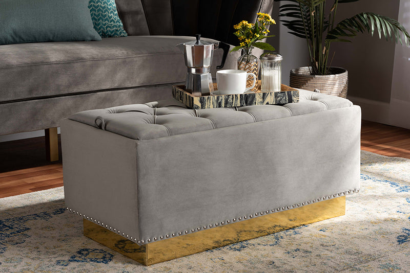 Lennon Glam and Luxe Gray Velvet Fabric Upholstered and Gold PU Leather Storage Ottoman