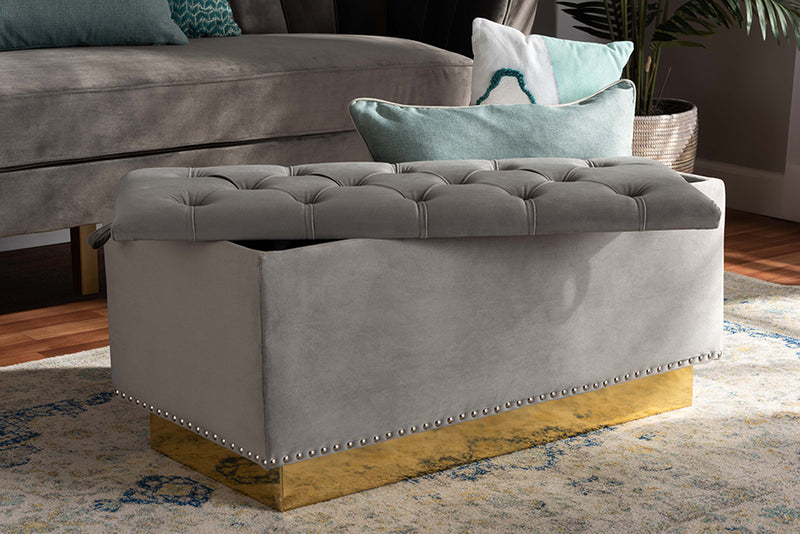 Lennon Glam and Luxe Gray Velvet Fabric Upholstered and Gold PU Leather Storage Ottoman