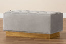 Lennon Gray Velvet Fabric Upholstered and Gold PU Leather Storage Ottoman Baxton
