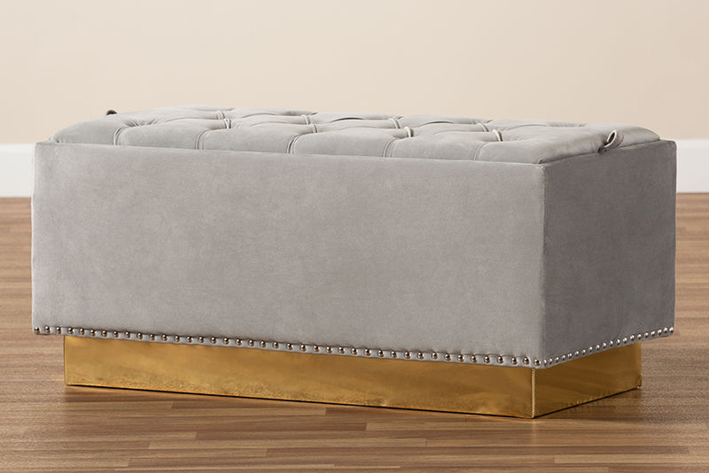 Lennon Glam and Luxe Gray Velvet Fabric Upholstered and Gold PU Leather Storage Ottoman