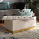 Lennon Beige Velvet Fabric Upholstered and Gold PU Leather Storage Ottoman Baxton