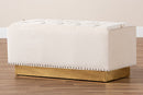 Lennon Beige Velvet Fabric Upholstered and Gold PU Leather Storage Ottoman Baxton