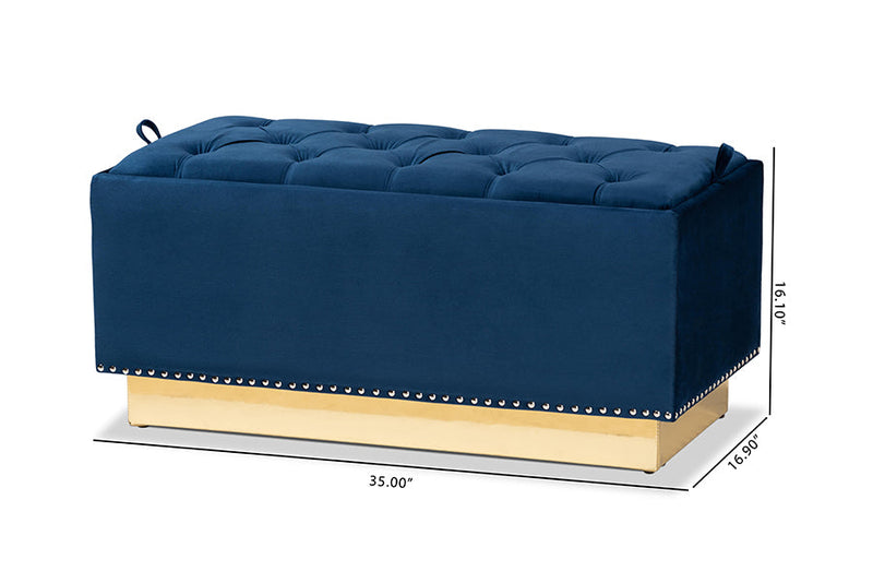 Lennon Navy Blue Velvet Fabric Upholstered and Gold PU Leather Storage Ottoman Baxton