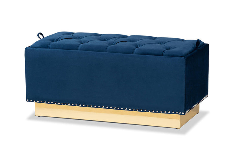 Lennon Navy Blue Velvet Fabric Upholstered and Gold PU Leather Storage Ottoman Baxton