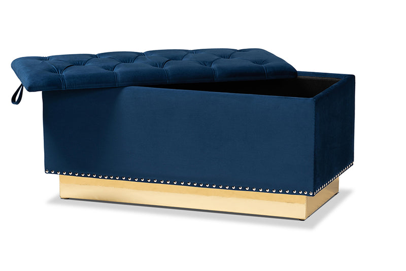 Lennon Glam and Luxe Navy Blue Velvet Fabric Upholstered and Gold PU Leather Storage Ottoman