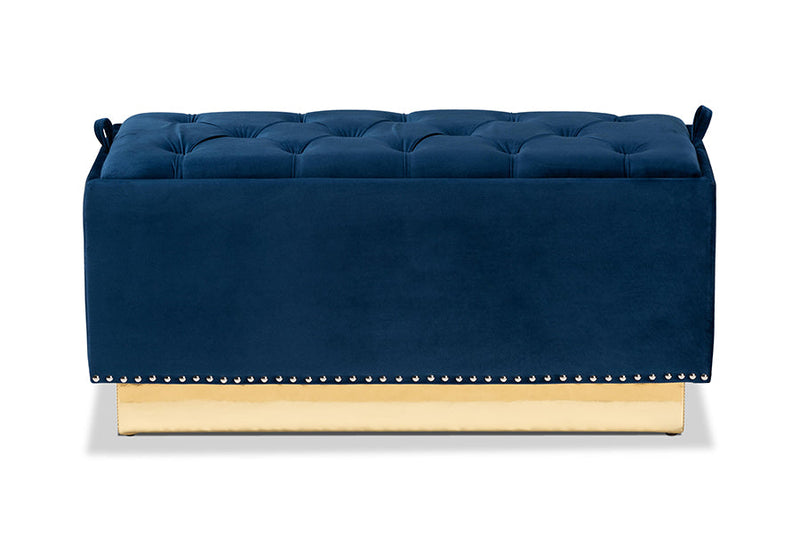 Lennon Navy Blue Velvet Fabric Upholstered and Gold PU Leather Storage Ottoman Baxton