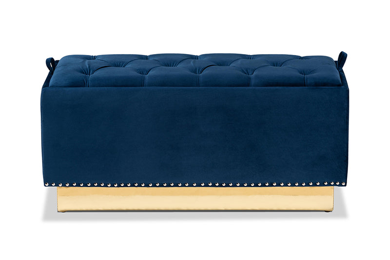 Lennon Glam and Luxe Navy Blue Velvet Fabric Upholstered and Gold PU Leather Storage Ottoman