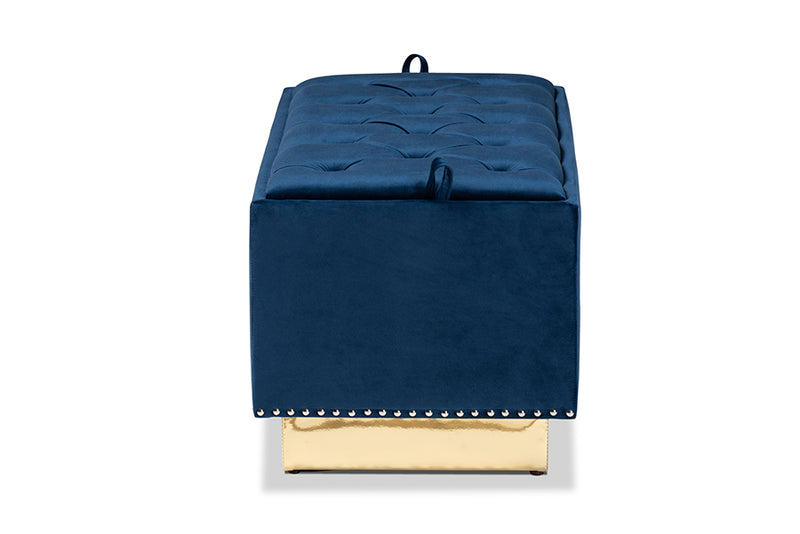 Lennon Glam and Luxe Navy Blue Velvet Fabric Upholstered and Gold PU Leather Storage Ottoman