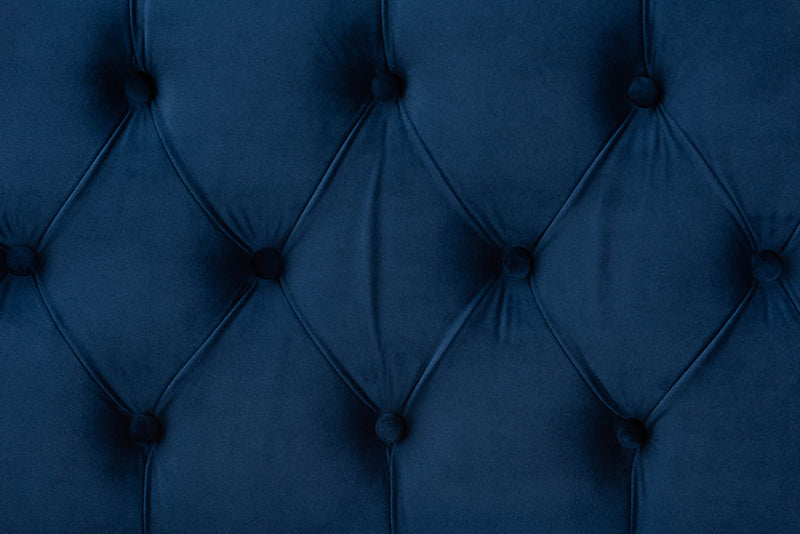 Lennon Navy Blue Velvet Fabric Upholstered and Gold PU Leather Storage Ottoman Baxton