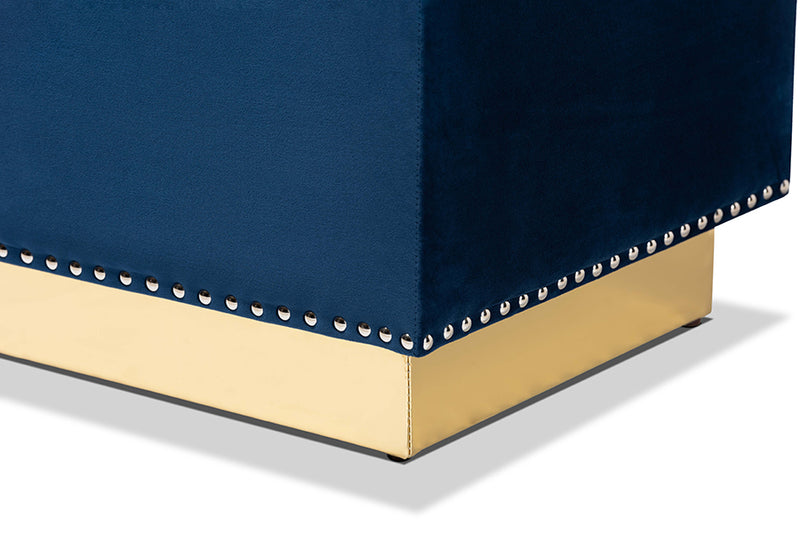 Lennon Glam and Luxe Navy Blue Velvet Fabric Upholstered and Gold PU Leather Storage Ottoman