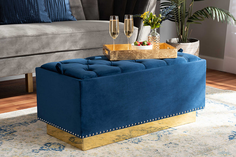 Lennon Glam and Luxe Navy Blue Velvet Fabric Upholstered and Gold PU Leather Storage Ottoman