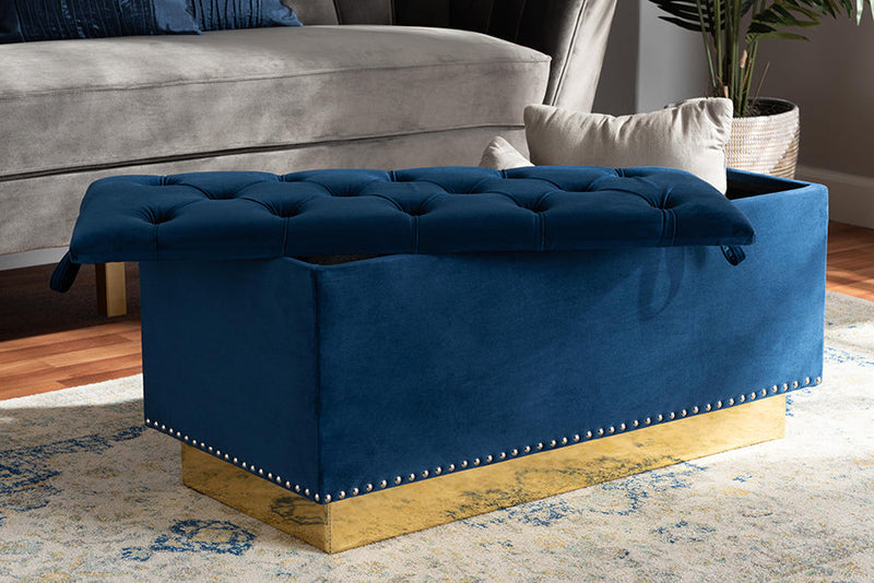 Lennon Navy Blue Velvet Fabric Upholstered and Gold PU Leather Storage Ottoman Baxton