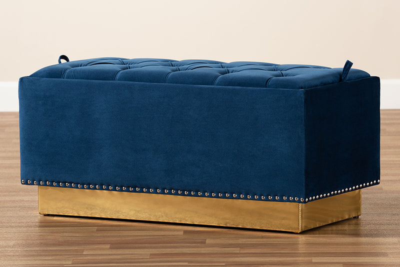 Lennon Glam and Luxe Navy Blue Velvet Fabric Upholstered and Gold PU Leather Storage Ottoman