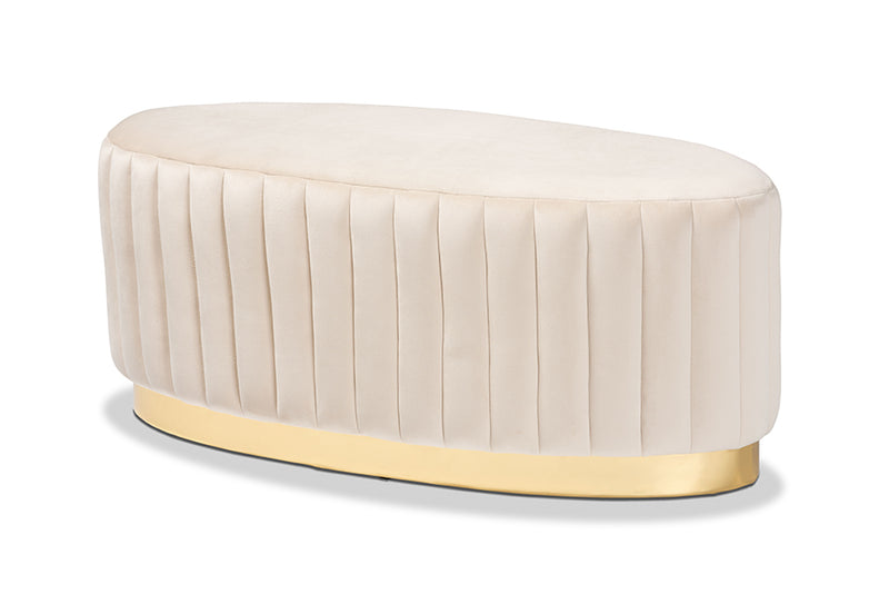 Psinta Glam and Luxe Beige Velvet Fabric Upholstered and Gold PU Leather Ottoman