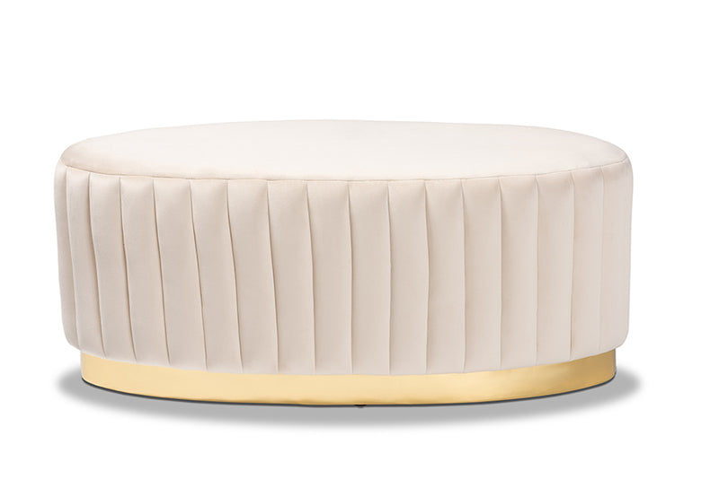 Psinta Glam and Luxe Beige Velvet Fabric Upholstered and Gold PU Leather Ottoman