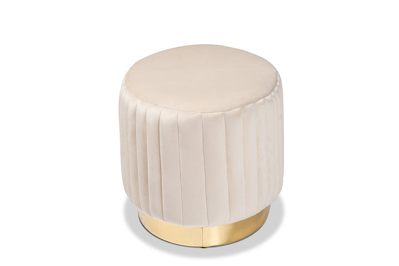 Psinta Beige Velvet Fabric Upholstered and Gold PU Leather Ottoman Baxton