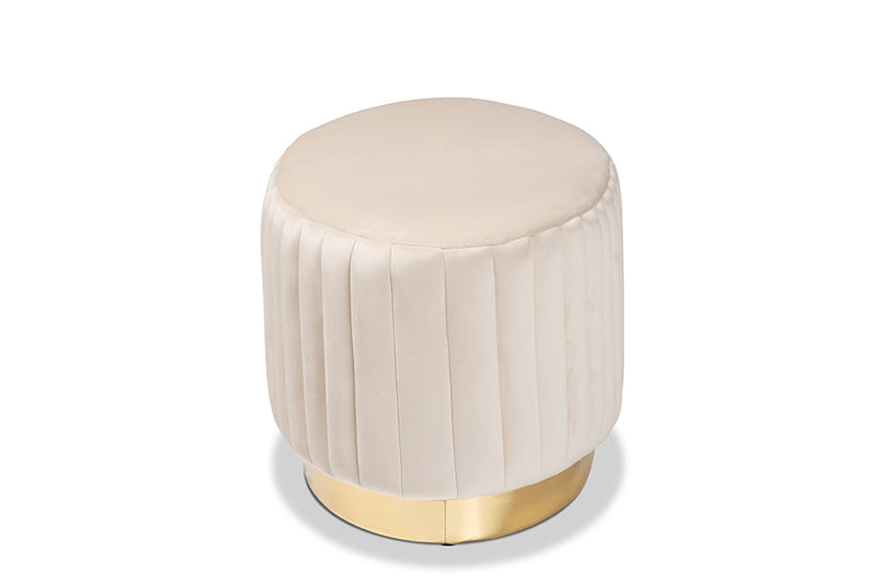 Psinta Glam and Luxe Beige Velvet Fabric Upholstered and Gold PU Leather Ottoman