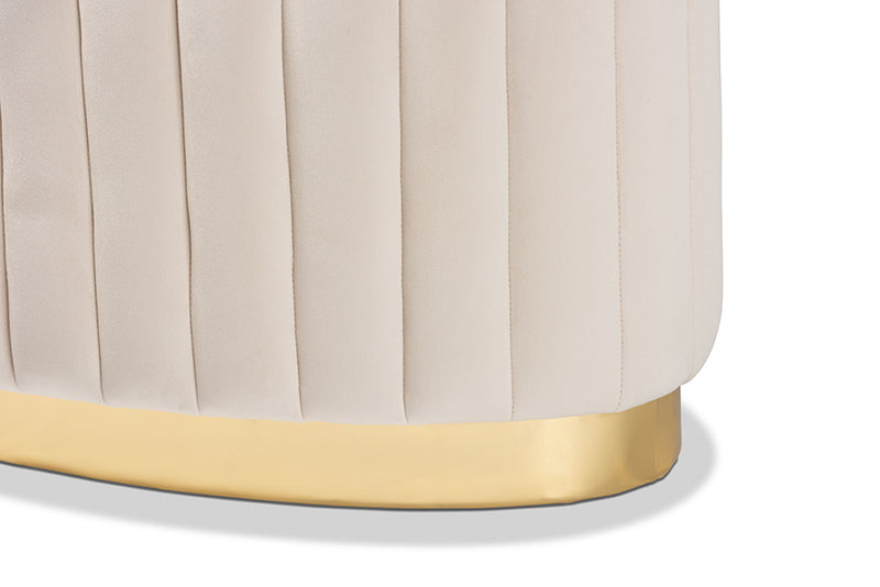 Psinta Glam and Luxe Beige Velvet Fabric Upholstered and Gold PU Leather Ottoman